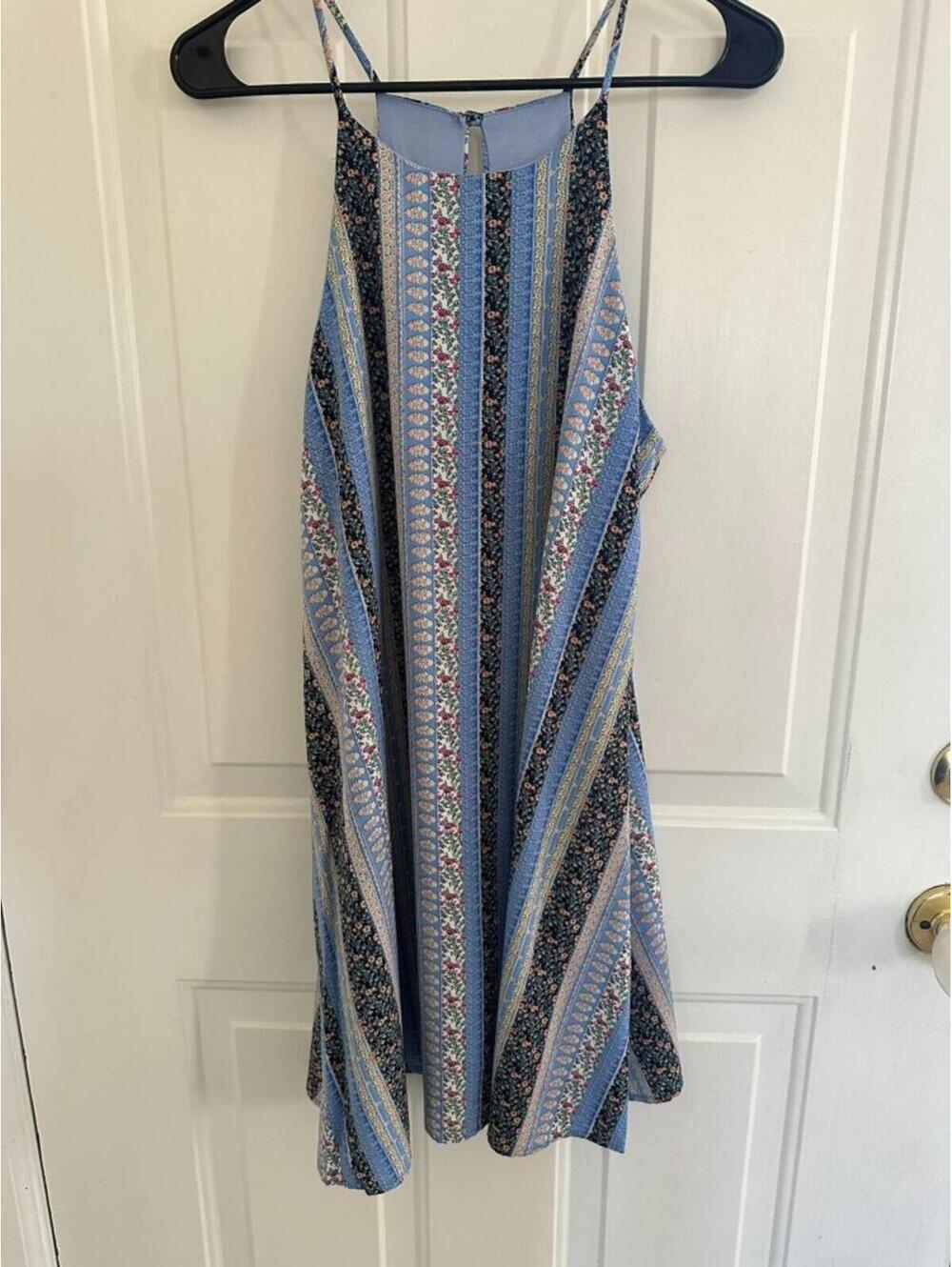 Caramela Boho Striped Floral Swing Dress Blue Sleeveless
